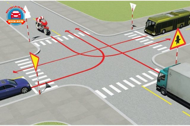 Các câu hỏi liên quan đến việc nhường xe ưu tiên tại ngã tư thường xuất hiện rất nhiều trong đề thi