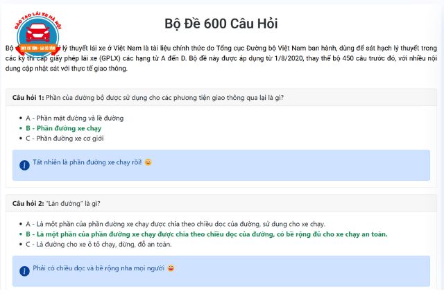 Học viên được hỗ trợ tài liệu và mẹo ghi nhớ chi tiết cho từng câu hỏi lý thuyết