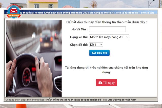 Ôn tập bằng cách thi thử trực tuyến lý thuyết bằng lái xe hạng A trên web Daotaolaixehn.com