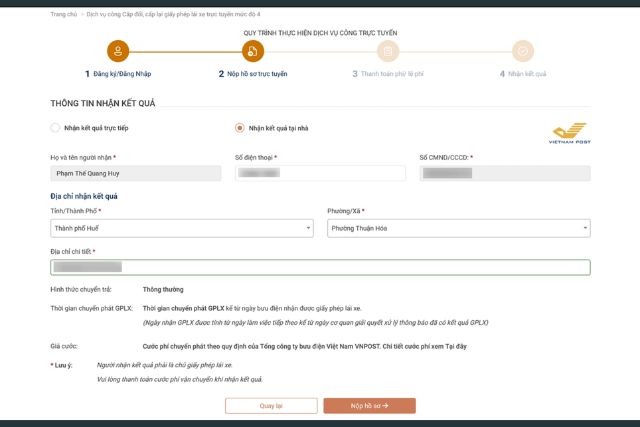 Up file ảnh CCCD, ảnh chân dung, bằng lái xe cũ và chọn nhận kết quả tại nhà