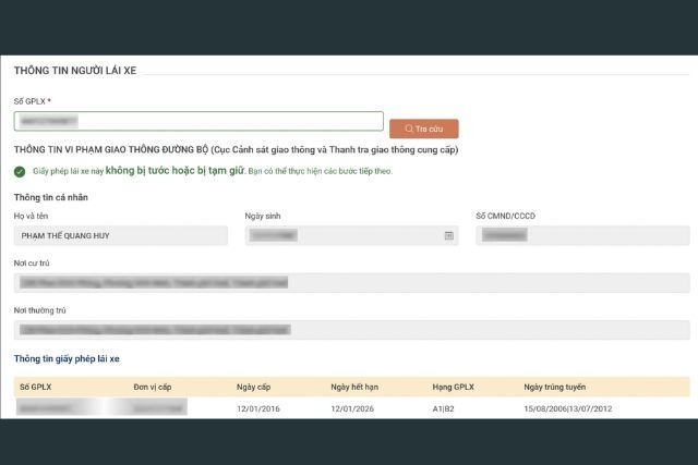 Tra cứu thông tin người lái xe